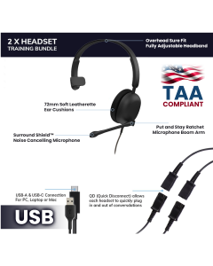 Monaural Training & Supervising TAA Compliant USB-A / USB-C Headset Bundle